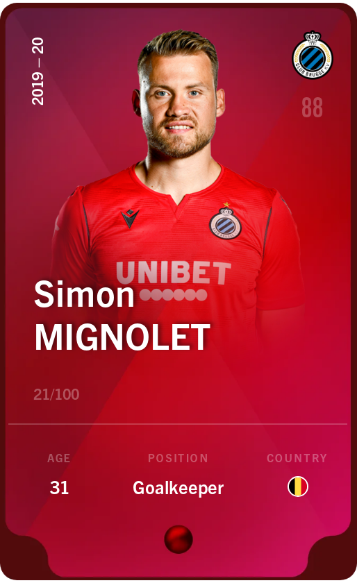 Sorare - Sorare Official - Simon Mignolet 2019-20 • Rare 21/100 - NFT # 62877131217201956513095410604054236102235638590552947630875489635299693905254