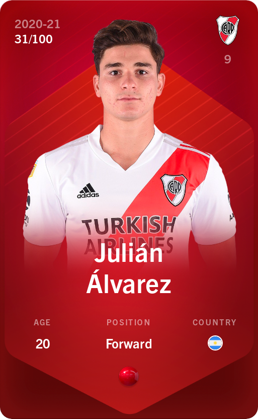 Sorare - Sorare Official - Julián Álvarez 2020-21 • Rare 31/100 - NFT # 48671298399939758868142306379049275173767463251264515887483239566012439776705
