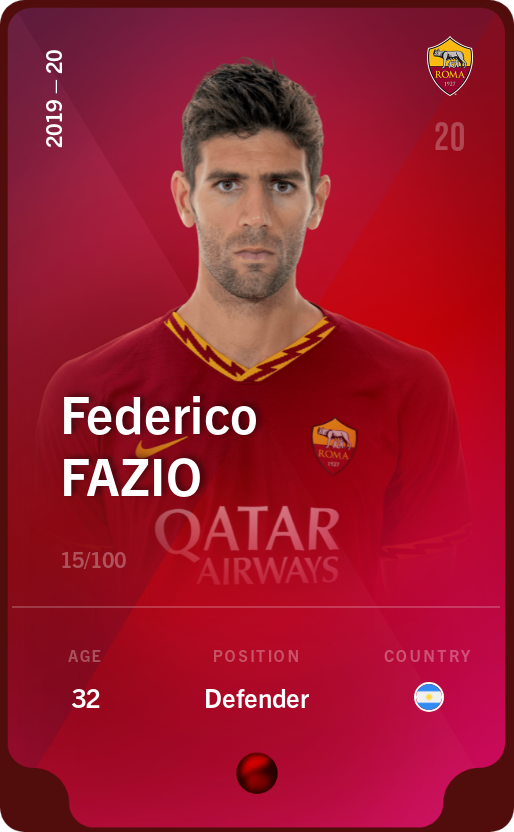 Sorare - Sorare Official - Federico Fazio 2019-20 • Rare 15/100 - NFT # 42473190039698870609051408334217122372204087323476352633002822551547806766958