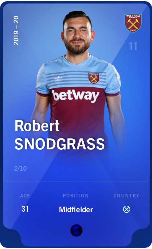 Sorare - Sorare Official - Robert Snodgrass 2019-20 • Super Rare 2/10 - NFT # 33978055704791921438357983059295776986708240740707419278597701074591050022624