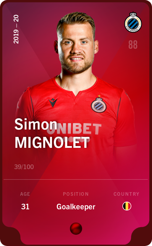 Sorare - Sorare Official - Simon Mignolet 2019-20 • Rare 39/100 - NFT # 93730281116284126473271393228917979526257843513725078517258162875832895019651