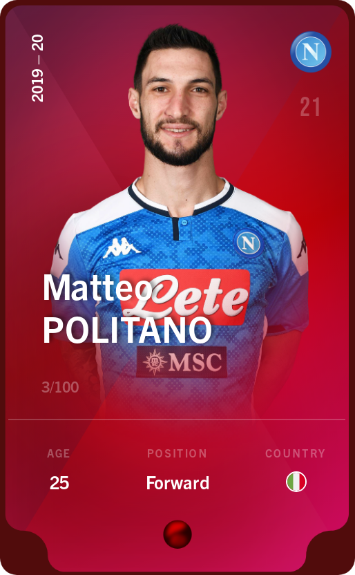 Sorare - Sorare Official - Matteo Politano 2019-20 • Rare 3/100 - NFT # 13117878828073339745928054974482008021401865345341526454358029197026139119012