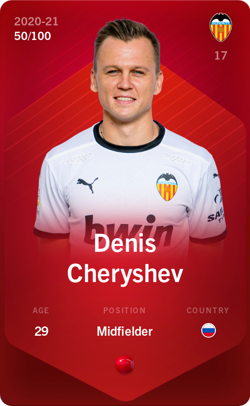 Sorare - Sorare Official - Denis Cheryshev 2020-21 • Rare 50/100 - NFT # 84596128555597006394970794435078841352642569319367938952569082101012939616045