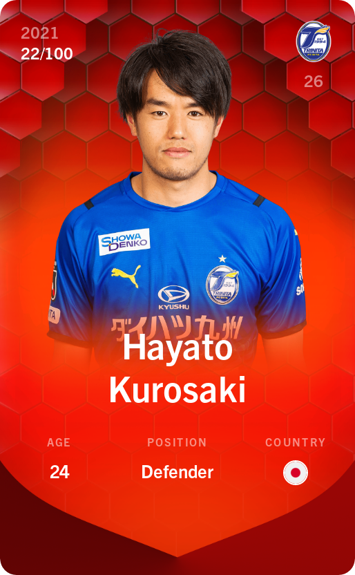 Sorare - Sorare Official - Hayato Kurosaki 2021-22 • Rare 22/100 - NFT # 100772186199780925756245725594403671578168744402652248050192295342128798189721