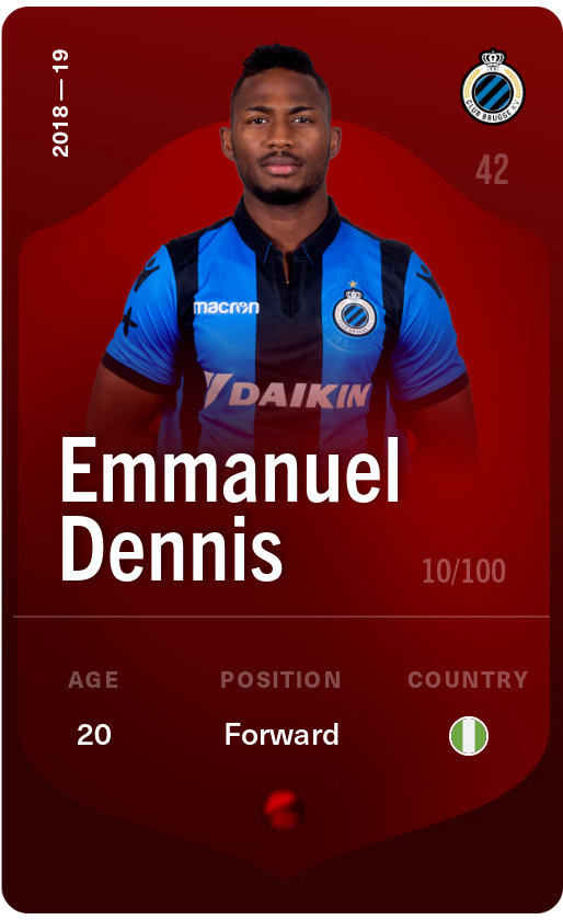Sorare - Sorare Official - Emmanuel Dennis 2018-19 • Rare 10/100 - NFT # 23772447530600511899724782972158705356262331841359604823970569746855804672516
