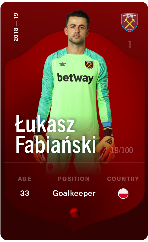 Sorare - Sorare Official - Łukasz Fabiański 2018-19 • Rare 19/100 - NFT # 14158312280144259878051657666776706216973269145840991319018133950734374115384