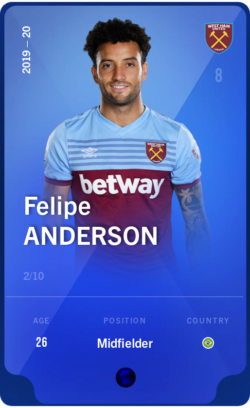 Sorare - Sorare Official - Felipe Anderson 2019-20 • Super Rare 2/10 - NFT # 5803618132459389768645247944027553015233672810299309105422741249992786360996