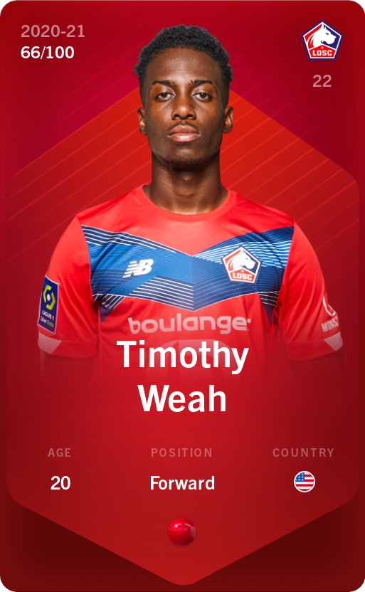 Sorare - Sorare Official - Timothy Weah 2020-21 • Rare 66/100 - NFT # 24075104571127259440173738930529955863929622047587088677942472104267106084901