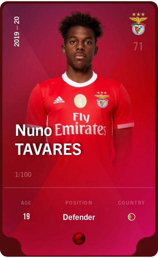 Sorare - Sorare Official - Nuno Tavares 2019-20 • Rare 1/100 - NFT # 38779477993543836296809338307632917374637118074816019218465021252664885170107