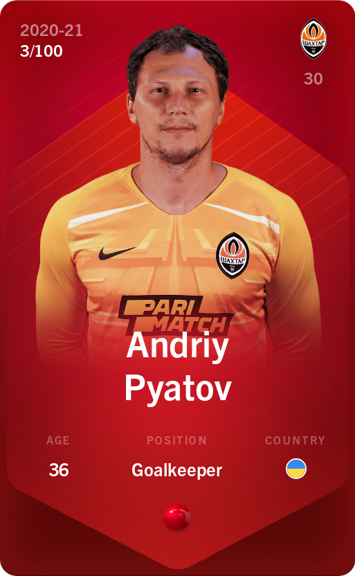 Sorare - Sorare Official - Andriy Pyatov 2020-21 • Rare 3/100 - NFT # 77651731330814339404602803548044607062905994314936553218008893587569017887976
