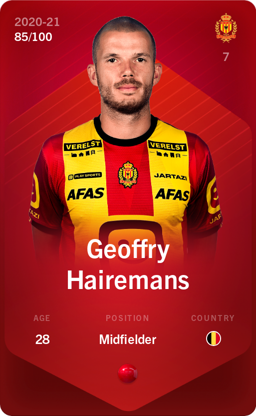 Sorare - Sorare Official - Geoffry Hairemans 2020-21 • Rare 85/100 - NFT # 114107720869267039985396500774948044373697287105080720859508840128103284914210