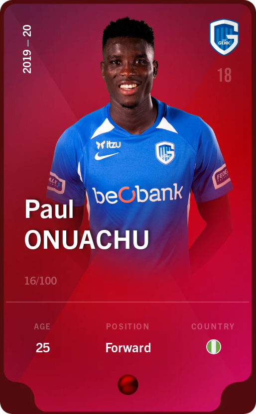 Sorare - Sorare Official - Paul Onuachu 2019-20 • Rare 16/100 - NFT # 37758468572615061095928617049650653499468388022228763358136995080057417925128