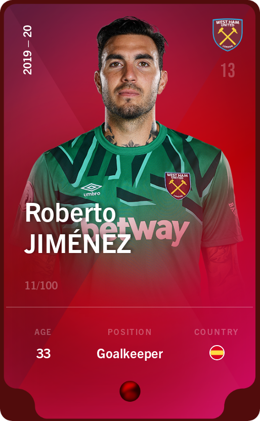 Sorare - Sorare Official - Roberto Jiménez 2019-20 • Rare 11/100 - NFT # 57032326315250076907200074146332704078479055088680103395577367910413789872860