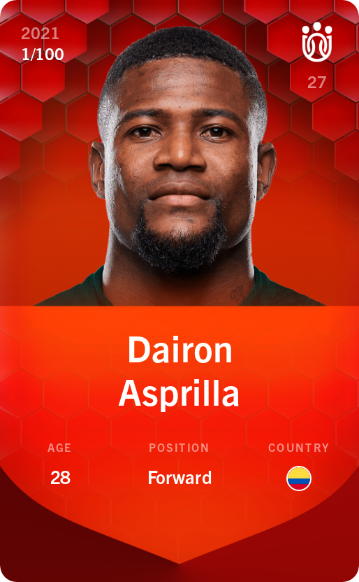 Sorare - Sorare Official - Dairon Asprilla 2021-22 • Rare 1/100 - NFT # 70490555014159247325211016179427800291949053536167950231212260244631652045752