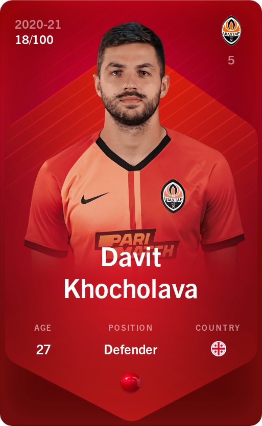 Sorare - Sorare Official - Davit Khocholava 2020-21 • Rare 18/100 - NFT # 20057557111649351720099583165842092384732964559934993903769168540644555106422