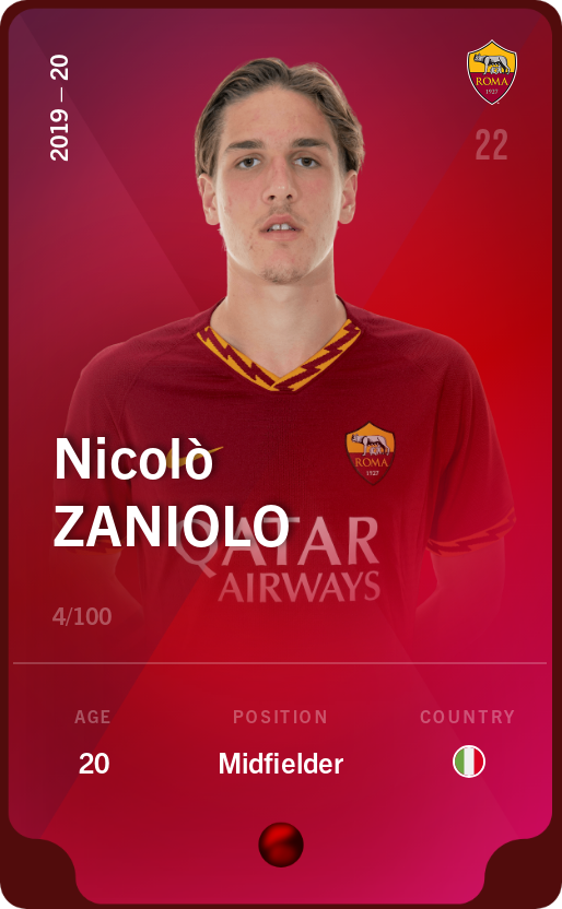Sorare - Sorare Official - Nicolò Zaniolo 2019-20 • Rare 4/100 - NFT # 96042027392525009023884566792416187975474794320168567448497443691217511791927