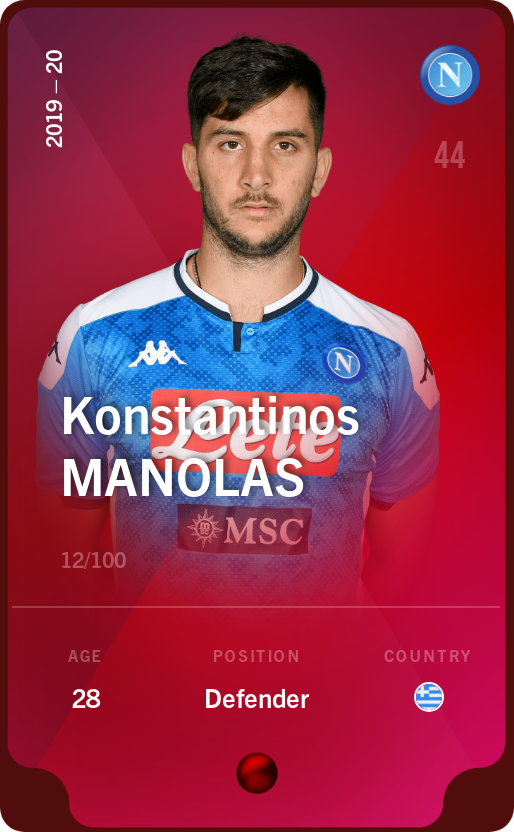 Sorare - Sorare Official - Konstantinos Manolas 2019-20 • Rare 12/100 - NFT # 83515208409627600997942740880254466465131168550796108244460398187164482342950