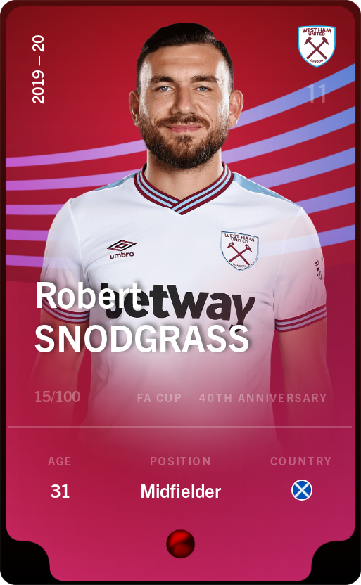 Sorare - Sorare Official - Robert Snodgrass 2019-20 • Rare 15/100 - NFT # 68032845725965870717267455183296253819167564929310708795201542407118015264603