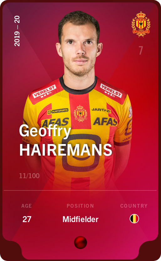 Sorare - Sorare Official - Geoffry Hairemans 2019-20 • Rare 11/100 - NFT # 90391466340299225590948054880435226587807598422752754577561434856818507776084