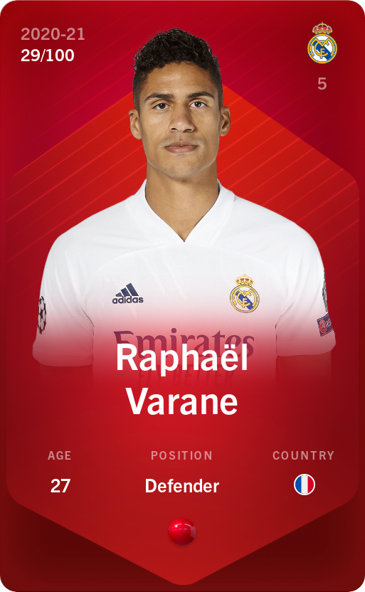 Sorare - Sorare Official - Raphaël Varane 2020-21 • Rare 29/100 - NFT # 53816717336033121062290697748247509248866810055901712237273046759233307254030