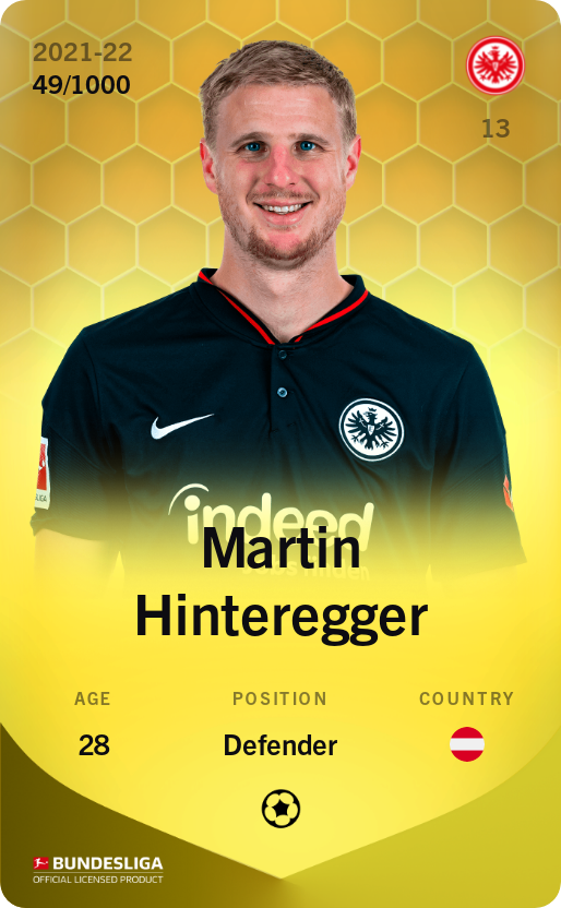 Sorare - Sorare Official - Martin Hinteregger 2021-22 • Limited 49/1000 - NFT # 107665050552078047436795527273523394419555605636522546985638412797553080092589