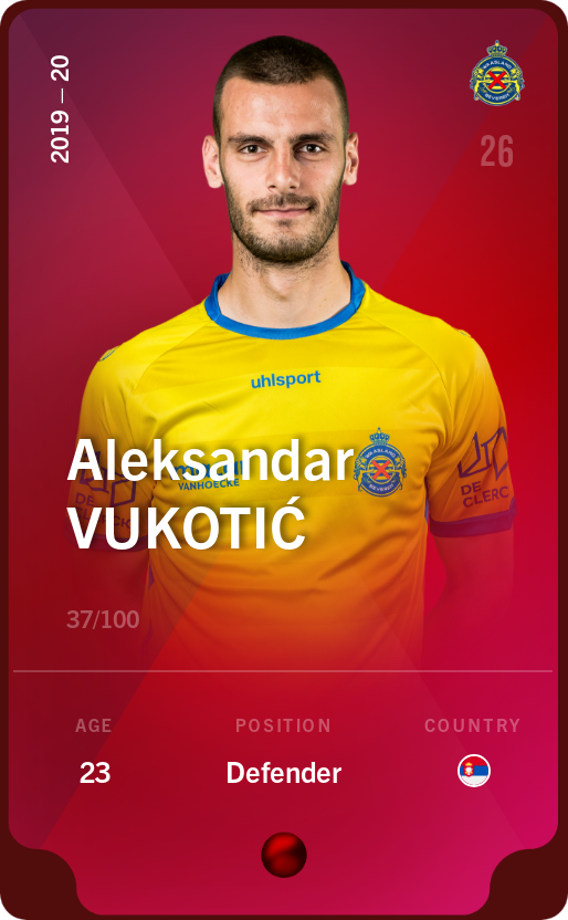 Sorare - Sorare Official - Aleksandar Vukotić 2019-20 • Rare 37/100 - NFT # 113149318449785679463677990707754406916171207120916313173836906120902697124516