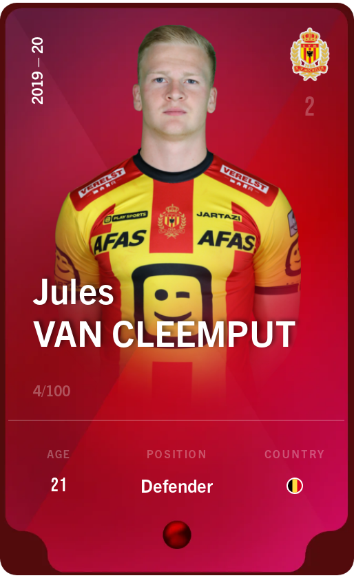 Sorare - Sorare Official - Jules Van Cleemput 2019-20 • Rare 4/100 - NFT # 105134276055059301288973782262961125969606263523593577261201227847253040329531