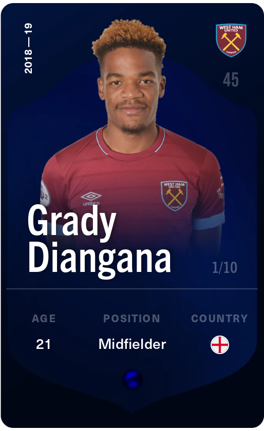 Sorare - Sorare Official - Grady Diangana 2018-19 • Super Rare 1/10 - NFT # 31890221789951372086442904851746923162825212936655582796419287836176077450855