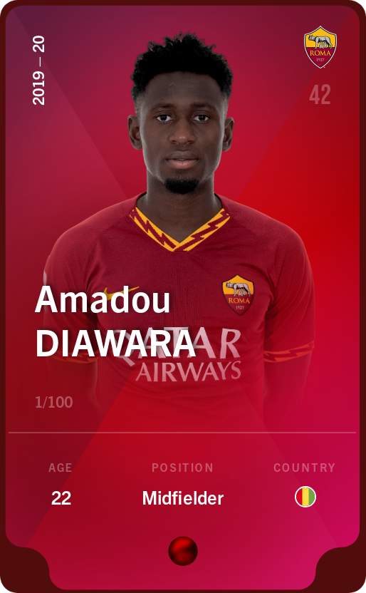 Sorare - Sorare Official - Amadou Diawara 2019-20 • Rare 1/100 - NFT # 70234471658341560968881133551521217971327499573757941979135212850406839804555
