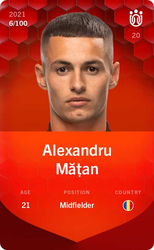 Sorare - Sorare Official - Alexandru Mățan 2021-22 • Rare 6/100 - NFT # 78329275843267701208825282804654683979776445951345916384186588410488521629022
