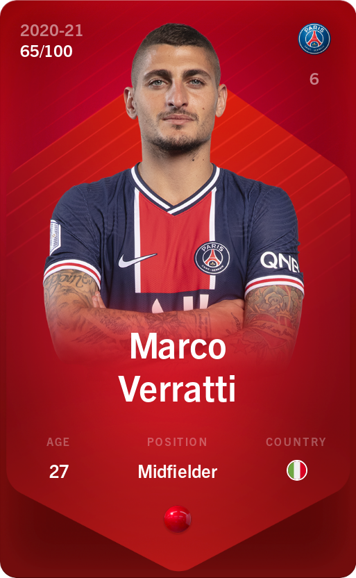 Sorare - Sorare Official - Marco Verratti 2020-21 • Rare 65/100 - NFT # 15368098465552618522153390981092150776927827640082409671438766113935357237815