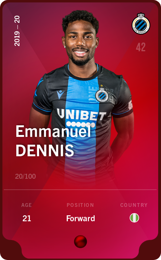 Sorare - Sorare Official - Emmanuel Dennis 2019-20 • Rare 20/100 - NFT # 84118402360419955143304337175484792472496837451010706734173437243544060133407