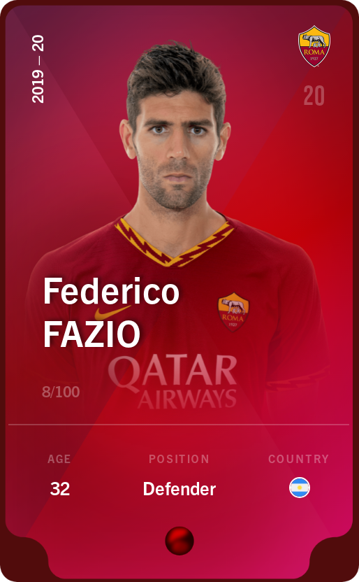 Sorare - Sorare Official - Federico Fazio 2019-20 • Rare 8/100 - NFT # 99718427026827334366870174169029999132797134705558274144024971364775528016813