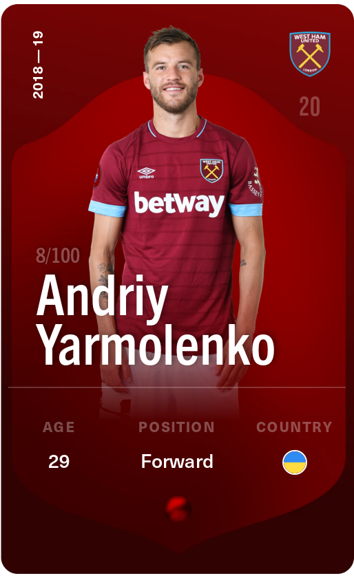 Sorare - Sorare Official - Andriy Yarmolenko 2018-19 • Rare 8/100 - NFT # 24695169123387378054833618024588304248050904071890053647116266462324667233701