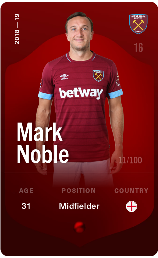Sorare - Sorare Official - Mark Noble 2018-19 • Rare 11/100 - NFT # 67008436533716102224749226420285870924615722982684674779270577392328147556721