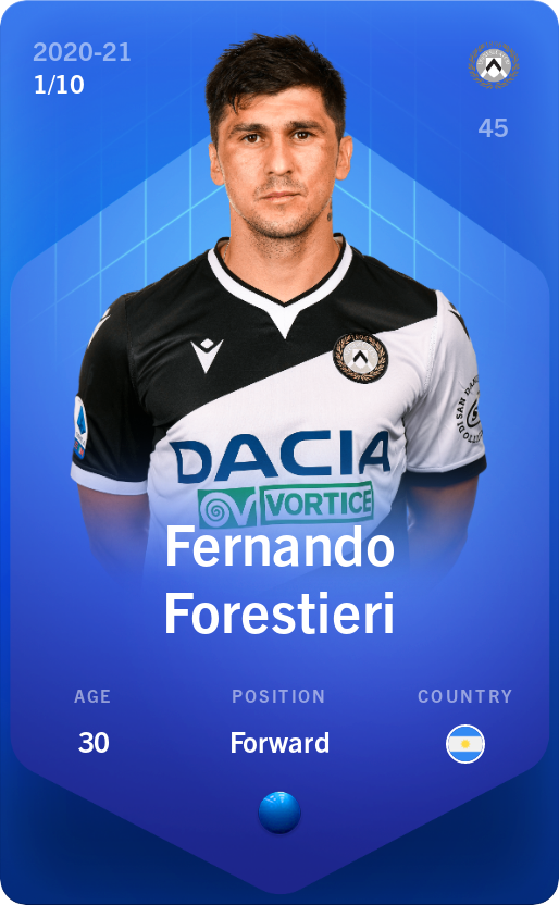 Sorare - Sorare Official - Fernando Forestieri 2020-21 • Super Rare 1/10 - NFT # 59660973168223533758346332391025048655031659916612861085797771641847528534011