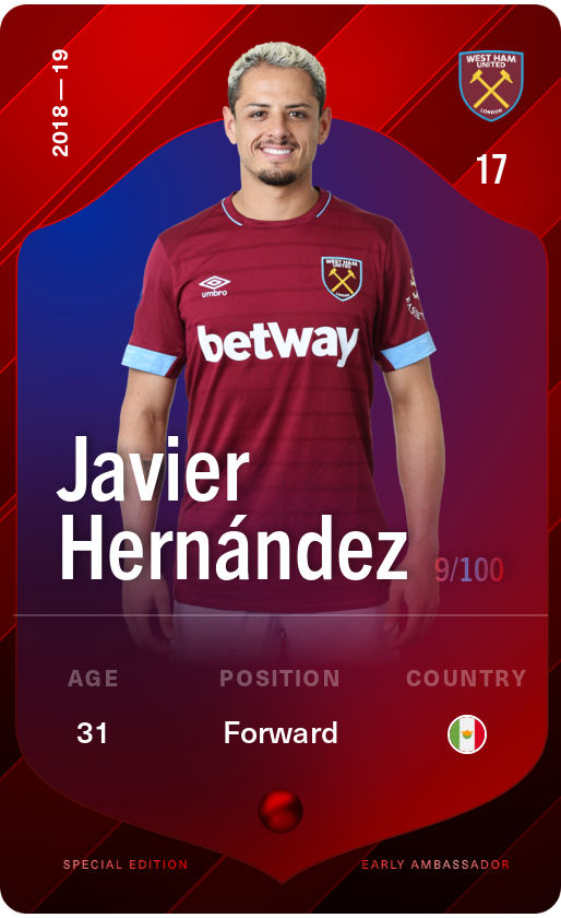 Sorare - Sorare Official - Javier Hernández 2018-19 • Rare 9/100 - NFT # 85587026656174177152611329720182544802129325996446248341222254778872592368505