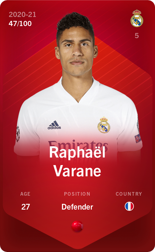 Sorare - Sorare Official - Raphaël Varane 2020-21 • Rare 47/100 - NFT # 32022973553391249787101050458857694794697048025515075247754650114323791687067