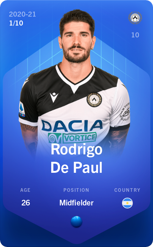 Sorare - Sorare Official - Rodrigo De Paul 2020-21 • Super Rare 1/10 - NFT # 38039189833980270752308597713858687661667470336538393639775221417994983396358