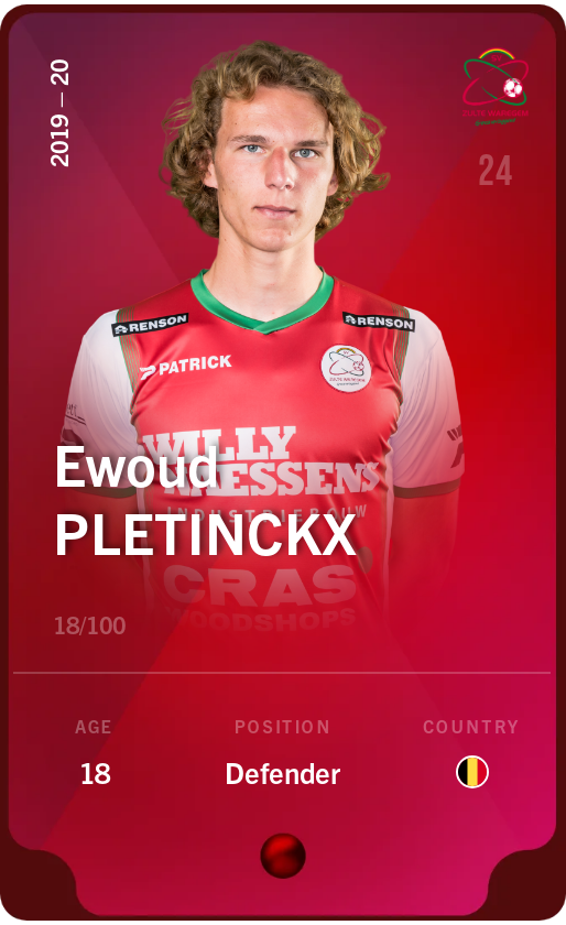 Sorare - Sorare Official - Ewoud Pletinckx 2019-20 • Rare 18/100 - NFT # 73135276915079637726278985056852492622071460667741719738648553167486856852619