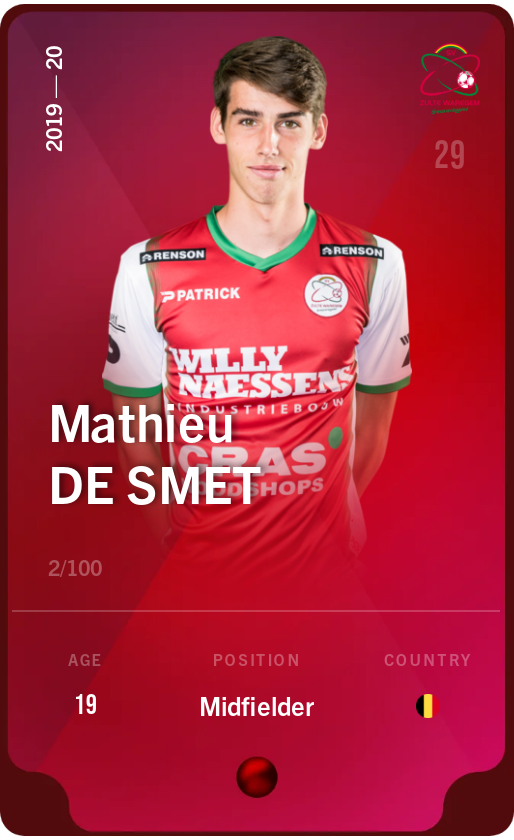Sorare - Sorare Official - Mathieu De Smet 2019-20 • Rare 2/100 - NFT # 18032336104603495787278152746964528007691139450644591462988772373662678391942