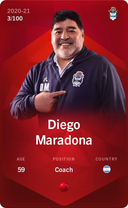 Sorare - Sorare Official - Diego Maradona 2020-21 • Rare 3/100 - NFT # 19556696704575802784759026204113475008034176999099395608529059811394120298768