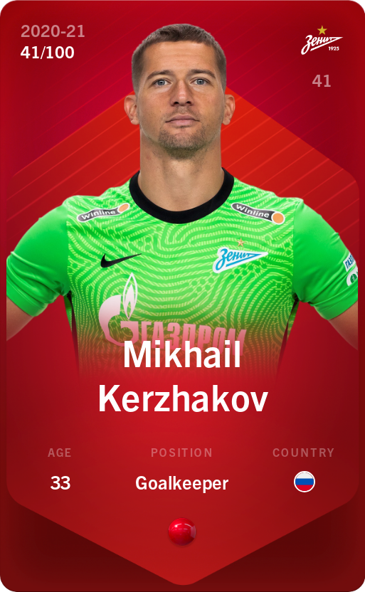 Sorare - Sorare Official - Mikhail Kerzhakov 2020-21 • Rare 41/100 - NFT # 35402775836117801033946864498649349061500745519538490951397369799342798911998