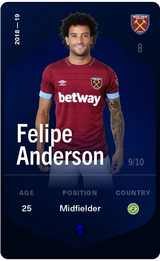 Sorare - Sorare Official - Felipe Anderson 2018-19 • Super Rare 9/10 - NFT # 59185755183080115230962051186886118378979289182748934422722821431398648177302