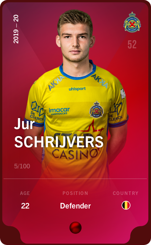 Sorare - Sorare Official - Jur Schrijvers 2019-20 • Rare 5/100 - NFT # 93704372946492199074109285382560076032712965677019293830254590141096517330587