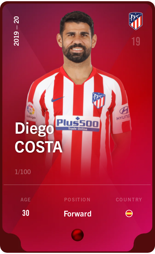 Sorare - Sorare Official - Diego Costa 2019-20 • Rare 1/100 - NFT # 72498158080243278957642557459157133670995166244049246995748456506463020438889