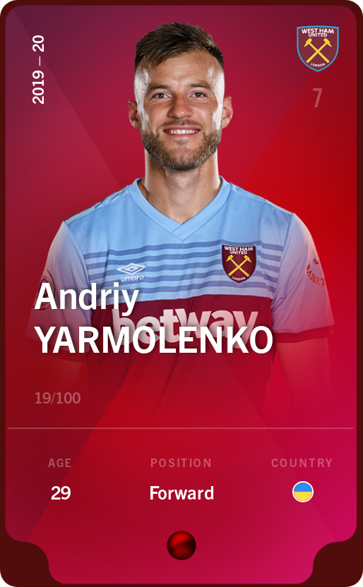 Sorare - Sorare Official - Andriy Yarmolenko 2019-20 • Rare 19/100 - NFT # 1785503113883594669929333258645023794078071199866032453743106095997239662502