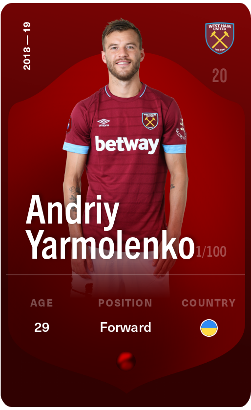 Sorare - Sorare Official - Andriy Yarmolenko 2018-19 • Rare 1/100 - NFT # 7975205868969821183640709021938472759215649181105980805418536188525184653856