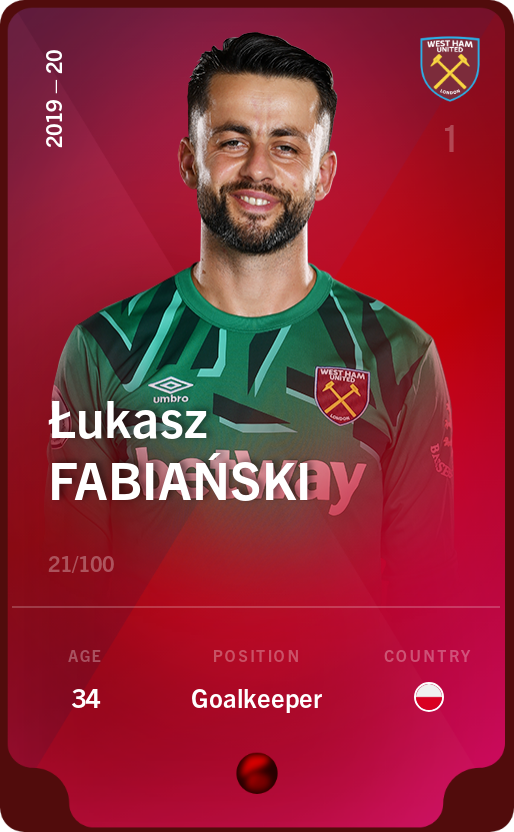 Sorare - Sorare Official - Łukasz Fabiański 2019-20 • Rare 21/100 - NFT # 23600239052186928305824188770707133717046382331935298973391883884543765235408