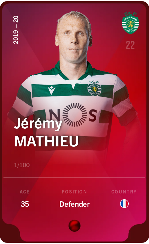 Sorare - Sorare Official - Jérémy Mathieu 2019-20 • Rare 1/100 - NFT # 71286319546430181132693895881451876174119384956637003708806701070222349527968